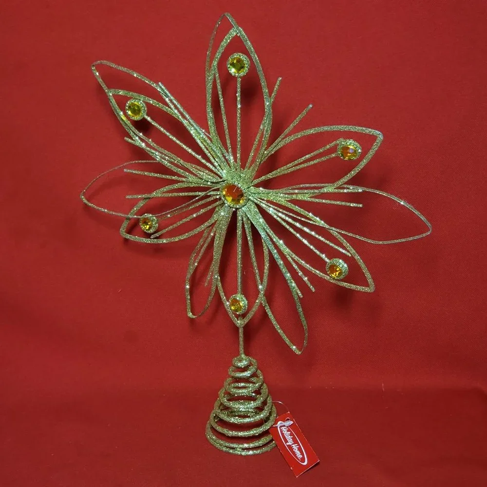 Holiday Home Jewel Flower Tree Topper Gold Glitter Sparkling Metal Wire Star Flo